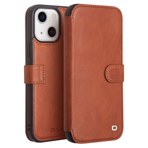 iPhone 13 mini QIALINO Magnetic Buckle Phone Leather Case with Card Slot - Brown